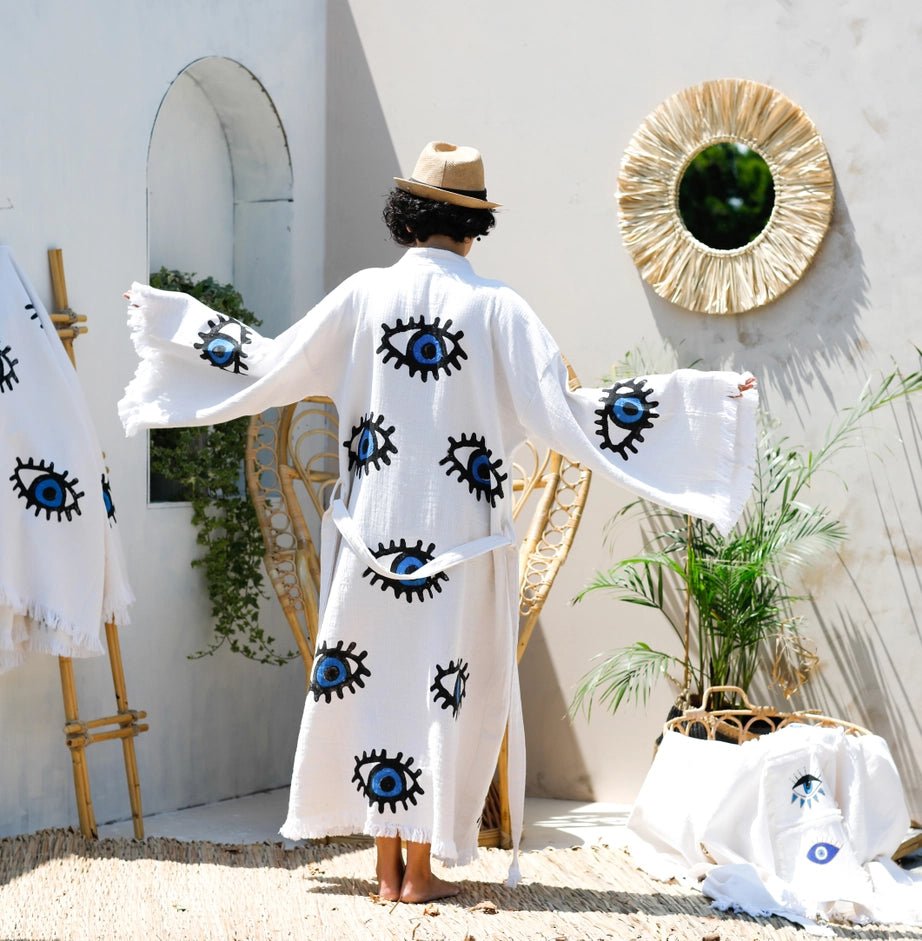 Blue Evil Eye Long Kaftan Kimono - NeptunesBoutique