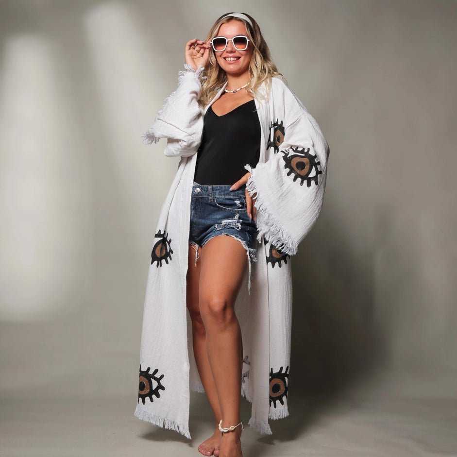 Blue Evil Eye Long Kaftan Kimono - NeptunesBoutique
