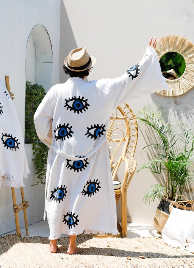 Blue Evil Eye Long Kaftan Kimono - NeptunesBoutique