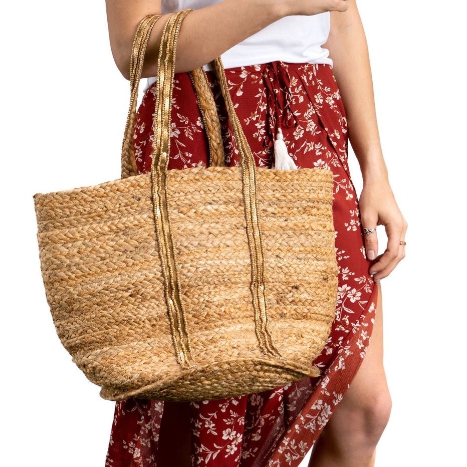 Natural Jute Tote Bag Embroidered Strap - NeptunesBoutique