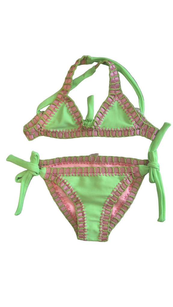 Sabz Kids Stitched Reversible Bikini - Green Pink - NeptunesBoutique