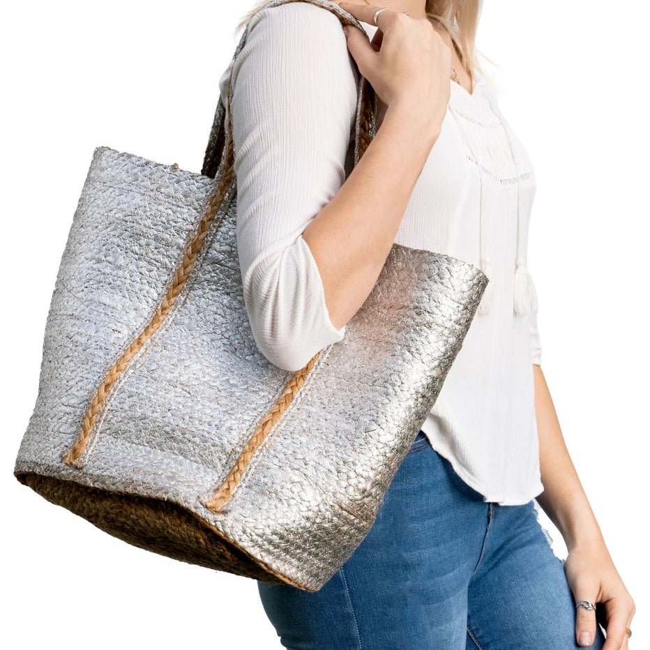 Silver Foil Jute Tote Bag - NeptunesBoutique
