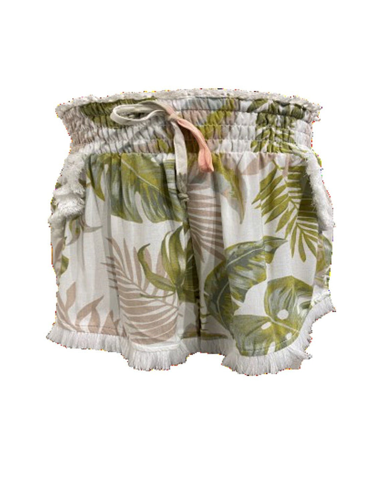 Vintage Havana Sage Khaki tropical leaf smocked tube and fringe short set - NeptunesBoutique