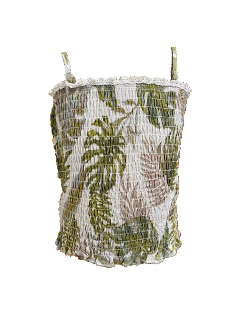 Vintage Havana Sage Khaki tropical leaf smocked tube and fringe short set - NeptunesBoutique