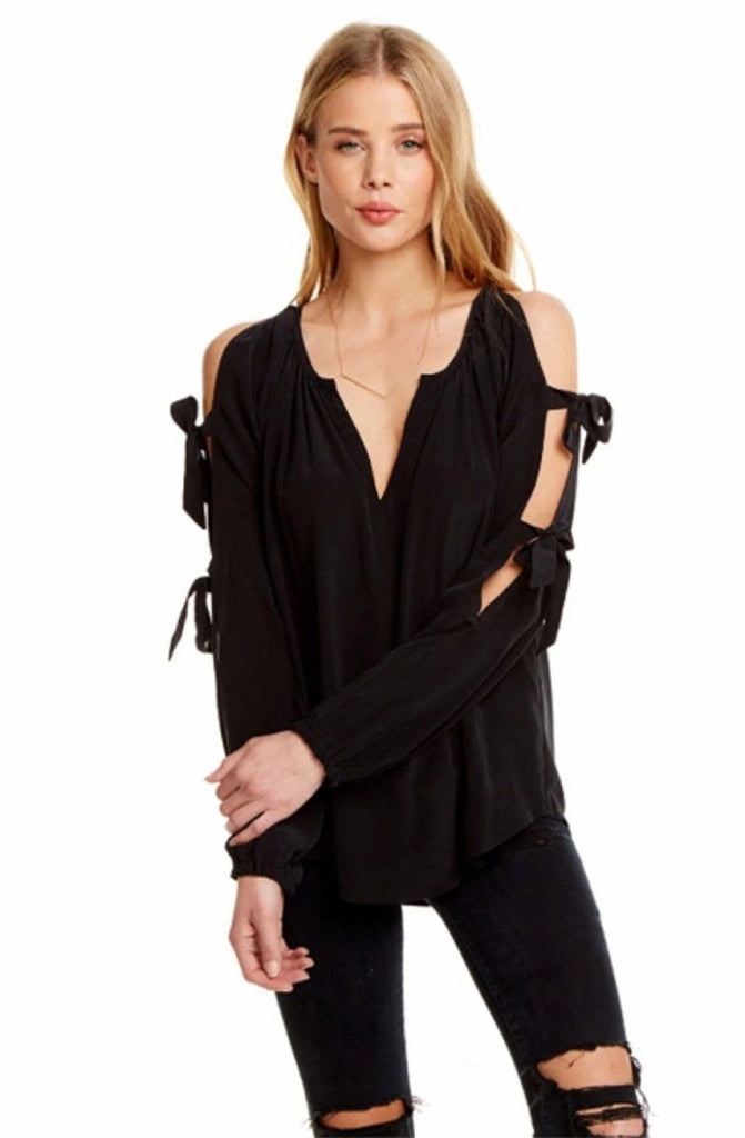 Chaser Silk Slit Blouson Sleeve Top with Ties
