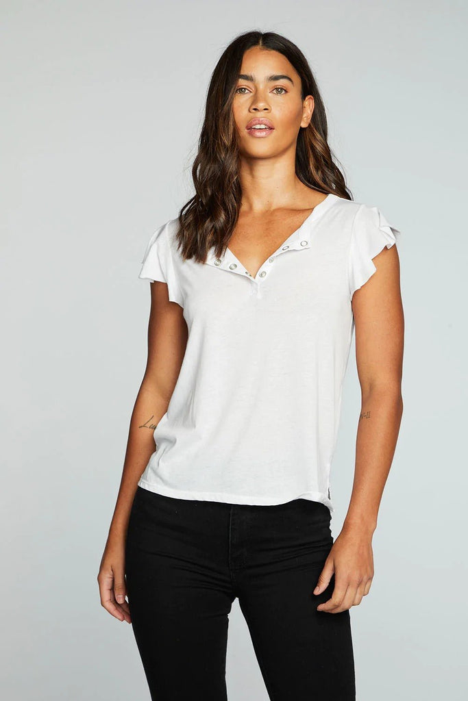 Chaser Recycled Vintage Jersey Flutter Sleeve Snap Front Henley - NeptunesBoutique