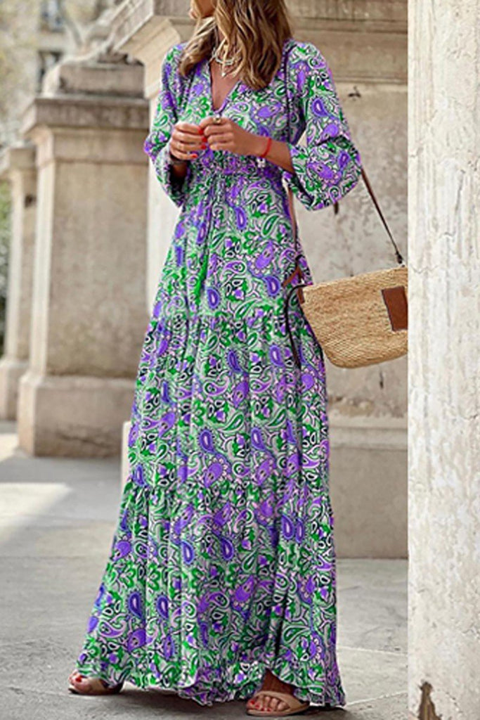 CZ Paisley Print V Neck Maxi Dress - NeptunesBoutique