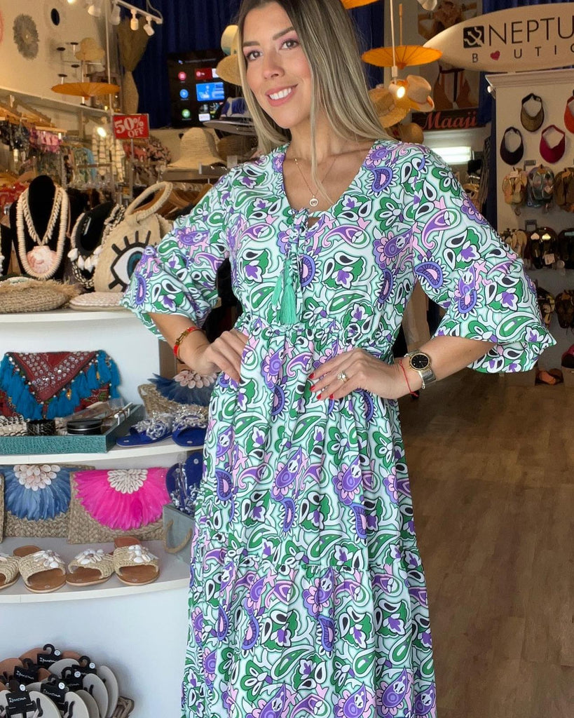 CZ Paisley Print V Neck Maxi Dress - NeptunesBoutique