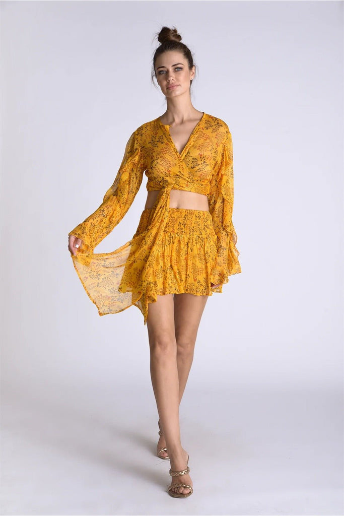 Muche et Muchette Ibiza Lurex Chiffon Flower Print Mini Skirt - Yellow - NeptunesBoutique