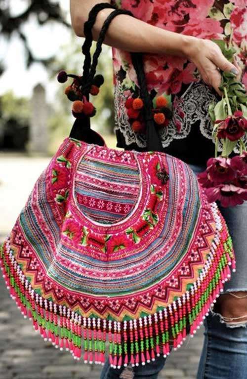 Boho Shoulder Bag Flower Embroidered and Beaded with Pompoms and