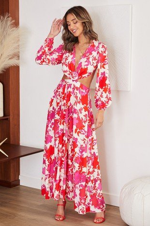 floral cut out long sleeve dress Pink Oasis Printed Long Sleeve Cut Out Side Detail Maxi Dress