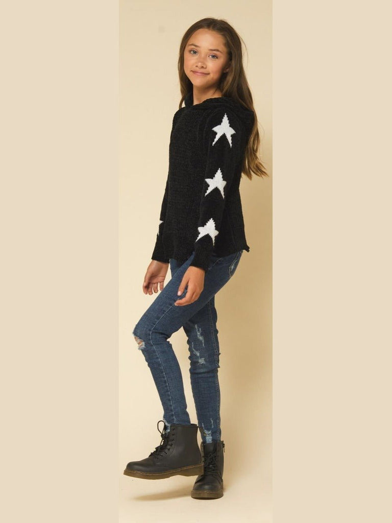 Vintage Havana Girls' Chenille Hooded Star Sweater - Black - NeptunesBoutique